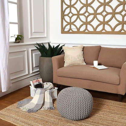 REDEARTH · Round Boho Pouf Ottoman - Cable Knitted Cord Boho Pouffe - Stuffed Poof Accent Beanbag Footrest for Living Room - Nursery - Bedroom - Covered Patio - Study Nook (19.5"x19.5"x14") - Gray