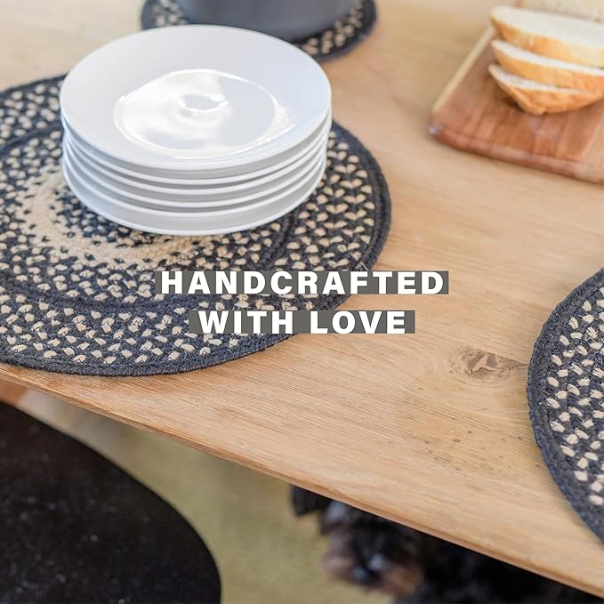 Homespice Manchester Jute Braided Trivets for Table, Country Primitive Decor, Set of 3, Black and Tan 8" Round Heat Resistant Mats - Rich Colors, Easy to Clean, Durable and Protects Furniture