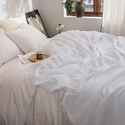 FOSSA Muslin Blanket with Fringe - 4-Layer 100% Cotton Gauze Super Soft & Breathable Throw -Lightweight Decorative Cooling Blanket for Bed, Sofa, Office (Bright White, Queen (90" × 90"))