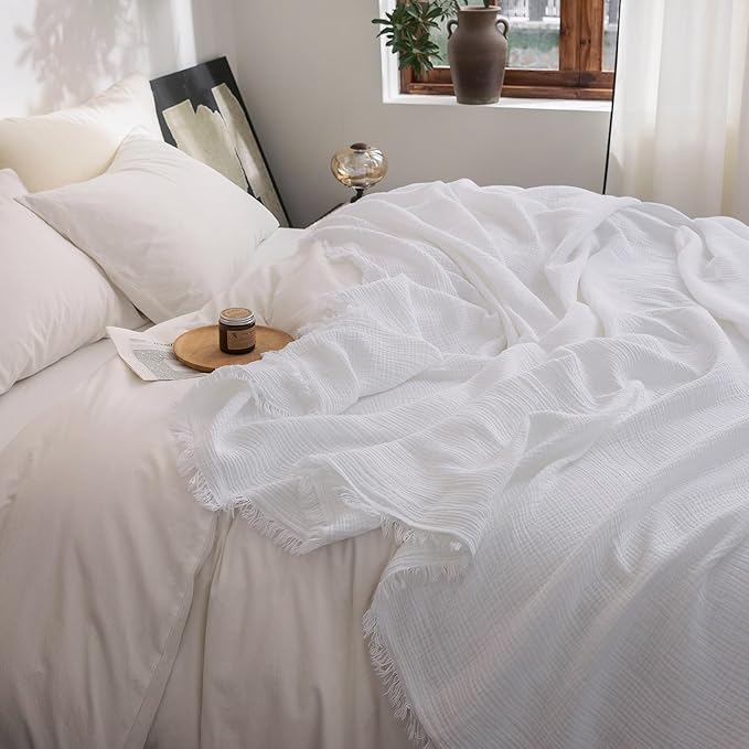 FOSSA Muslin Blanket with Fringe - 4-Layer 100% Cotton Gauze Super Soft & Breathable Throw -Lightweight Decorative Cooling Blanket for Bed, Sofa, Office -Twin XL Size 90" x 66" (Bright White)