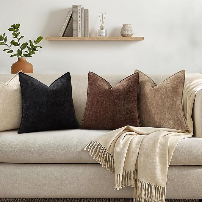 decorUhome Spring Couch Throw Pillow Covers 16x16 Set of 2, Decorative Soft Velvet Neutral Chenille Pillow Covers with Elegant Design for Sofa Bed Living Room Home Decor, Dark Brown