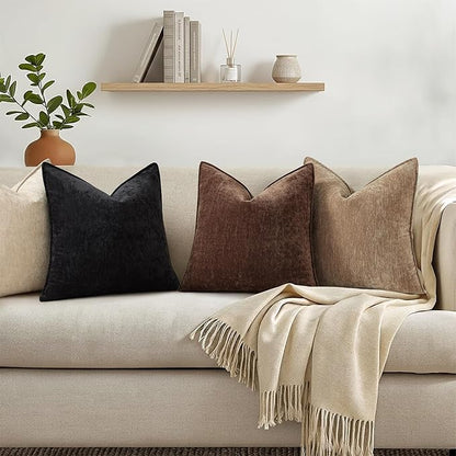 decorUhome Spring Couch Throw Pillow Covers 16x16 Set of 2, Decorative Soft Velvet Neutral Chenille Pillow Covers with Elegant Design for Sofa Bed Living Room Home Decor, Dark Brown