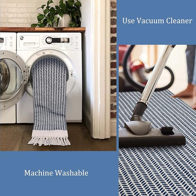 Lahome Boho Kitchen Runner, 2x6 Laundry Room Rug Lightweight Runners for Hallways Washable Runner Rug with Tassels, Farmhouse Cotton Blue Throw Rugs Non Shedding Carpet for Entryway Bathroom
