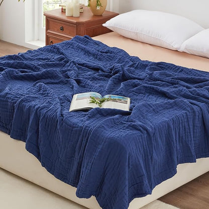 Love's cabin 6 Layer 100% Cotton Muslin Blanket, 90"x90" Muslin Blanket Queen for Couch Bed, Lightweight and Breathable Cotton Gauze for Adult, Navy Blue