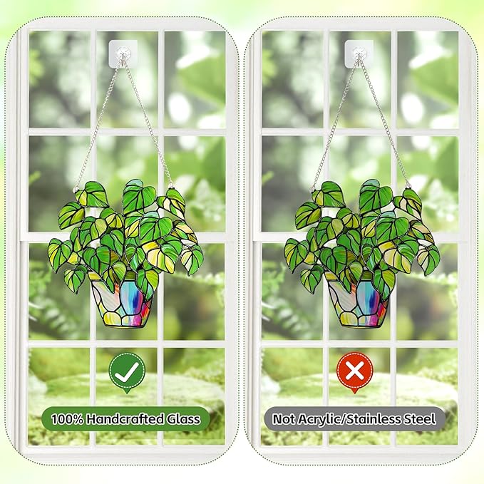 Stained Glass Plant Suncatcher Window Hanging, Marzovitra 10 Inch Real Glass Potted Green Leaves Sun Catcher with Chain Botanical Sun Catcher Window Decor for Home Garden, Plant Lover Gift