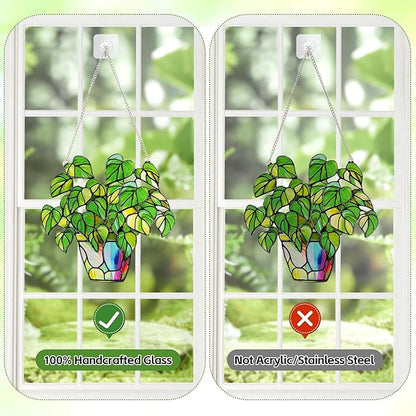 Stained Glass Plant Suncatcher Window Hanging, Marzovitra 10 Inch Real Glass Potted Green Leaves Sun Catcher with Chain Botanical Sun Catcher Window Decor for Home Garden, Plant Lover Gift