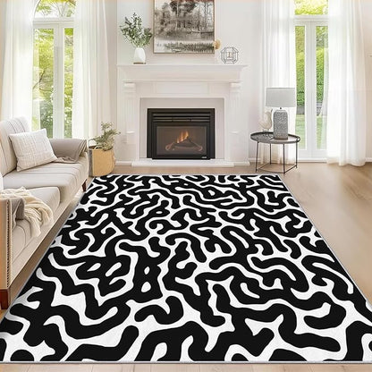 8x12 Black Abstract Line Rugs for Bedroom Decor, Washable Abstract Maze Pattern Area Rug, Living Room Home Decoration, Non Slip Soft Thin, Black and White Decor Large Carpet PF-P 56