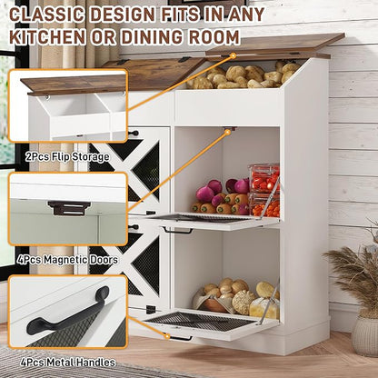 Large Wood Bread Box for Potato,Onion.Veggie Bin W/6 Large Storage Box.Root Vegetable Storage Box For Kitchen,Farmhouse Potato Storage Bin W/4 Mesh Doors,Bread Keeper for Toast,Bagel,Donut,Cookies