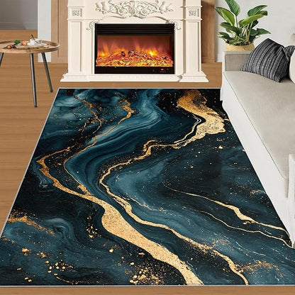 Marble Washable Area Rugs 3x5 Non-Slip Fluid Art Living Room Rug Gold Lines Soft for Carpet Low Pile Indoor Door Mat & Room Decor