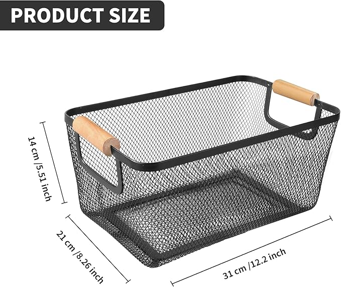 2Pack Metal Mesh Steel Basket with Bamboo Handle - Wire Metal Basket for Kitchen Organization, 12" Wide Food Organizer Bin, Perfect for Organizing Bulk Pantry (BLACK)