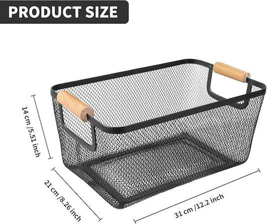 2Pack Metal Mesh Steel Basket with Bamboo Handle - Wire Metal Basket for Kitchen Organization, 12" Wide Food Organizer Bin, Perfect for Organizing Bulk Pantry (BLACK)