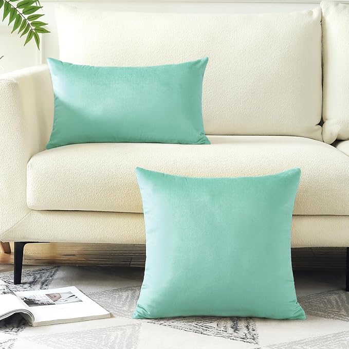 Artscope Luxury Velvet Pillow Covers Decorative Rectangle Pillowcases Soft Solid Cushion Cases for Couch Sofa Bedroom Car Decor 16x24 Inch Aqua Green