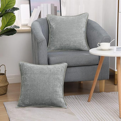 decorUhome Spring Chenille Soft Throw Pillow Covers 16x16 Set of 2, Farmhouse Velvet Neutral Decorative Pillow Covers with Stitched Edge for Couch Sofa Bed Home Decor, Neutral Gray