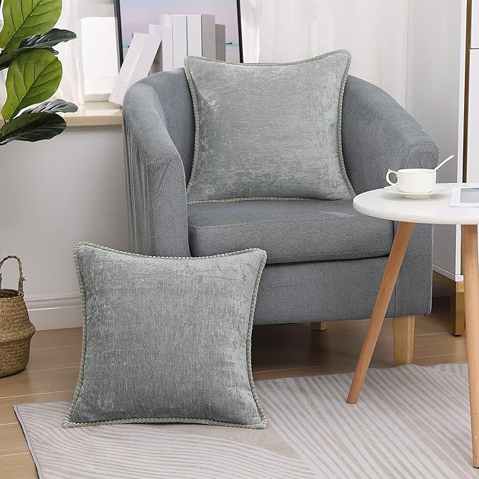 decorUhome Spring Chenille Soft Throw Pillow Covers 22x22 Set of 2, Farmhouse Velvet Neutral Decorative Euro Sham Pillow Covers with Stitched Edge for Couch Sofa Bed Home Decor, Neutral Gray