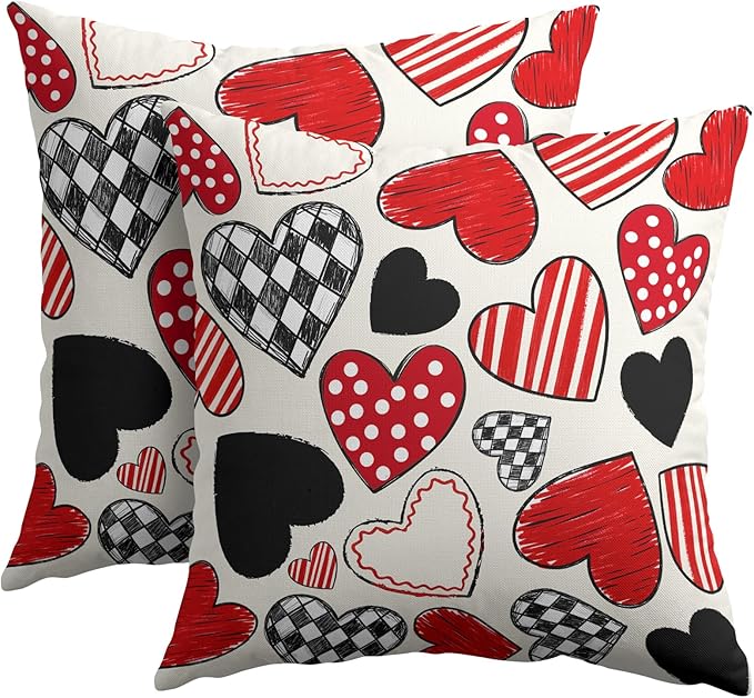 Valentines Day Pillow Covers 18x18 Set of 2 Black Red Heart Throw Pillow Covers Love Pillowcase Linen Decoration Farmhouse Holiday Cozy Soft Cushion Case Couch for Indoor Outdoor Home Decor