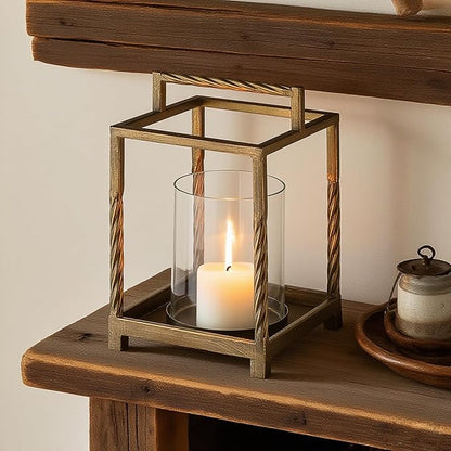 Modern Metal Lantern with Contrast Frame with Glass Cylinder (Brass, 6"x10")