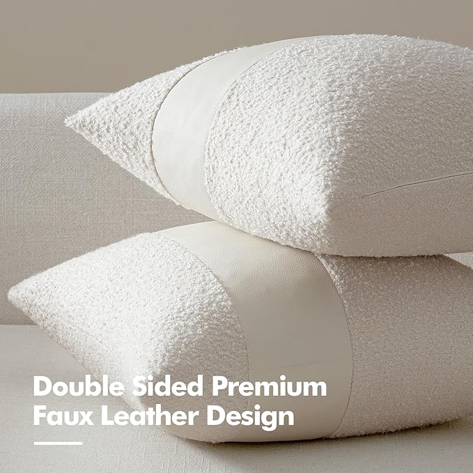 MIULEE Boucle Throw Pillow Covers 18x18 Inch Set of 2 White Faux Leather Textured Decorative Pillow Cases Boho Farmhouse Accents Cushion Covers for Couch Bed Livingroom Home Decor