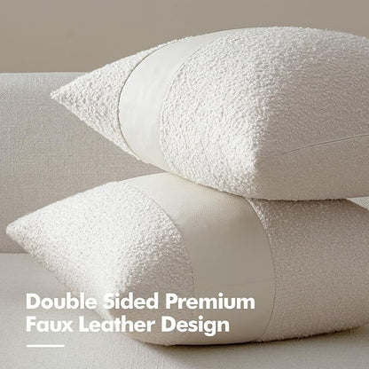 MIULEE Boucle Throw Pillow Covers 18x18 Inch Set of 2 White Faux Leather Textured Decorative Pillow Cases Boho Farmhouse Accents Cushion Covers for Couch Bed Livingroom Home Decor