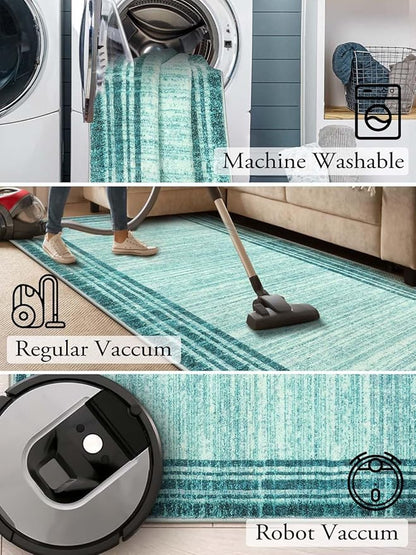 Lahome Modern Abstarct Area Rugs 5x7, Washable Teal 5x7 Bedroom Rug Soft Living Room Rug Non Slip, Low-Pile Indoor Rugs for Living Room Minimalist Floor Carpet for Dining Room Kids Playroom