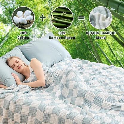 EMME Checkered Cotton Blanket Queen Size for Bed Soft Large Muslin Bamboo Bed Blankets 80"x90" Lightweight Breathable All Season Gauze, Teal