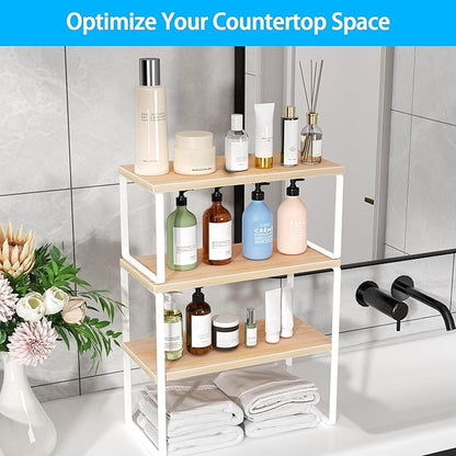 Golener Countertop Organizer Corner Shelf, 2-Tier Adjustable Stackable Corner Shelves for Kitchen, Spice Rack, Coffee Bar, Over Sink, Bathroom, Dresser Table, Corner Counter Shelf Stand, Natural Beige