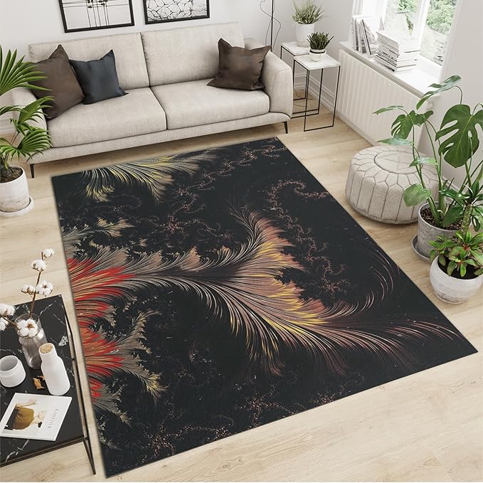 Chinese Classical Aesthetics Golden Phoenix Feather Area Rug, Colorful Stylish Texture Print Large Rugs, Machine Washable Breathable Durable Carpet for Front Entrance Floor Decor,3 x 4ft