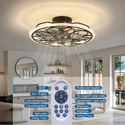 Black Flower Caged Ceiling Fan with Light, Rustic Industrial Ceiling Fan with Lights and Remote, LED Low Profile Ceiling Fan with Light for Bedroom Kitchen Living Room