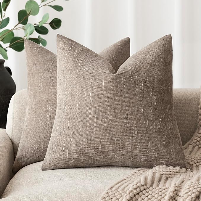Foindtower Set of 2 Soft Textured Chenille Throw Decorative Pillow Covers Square Accent Solid Cushion Cover Cozy Neutral Farmhouse Pillow Case for Couch Sofa Bedroom Living Room 18x18 Inch,Light Taupe