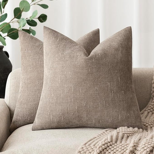 Foindtower Set of 2 Soft Textured Chenille Throw Decorative Pillow Covers Square Accent Solid Cushion Cover Cozy Neutral Farmhouse Pillow Case for Couch Sofa Bedroom Living Room 24x24 Inch,Light Taupe