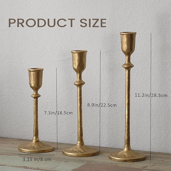 Antique Brass Candlestick Holders Set of 3, Cast Iron Taper Candle Holder for Dining Table Centerpiece, Wedding, Fireplace Mantel Decor, Vintage Tall Candle Stands, Christmas Decorations