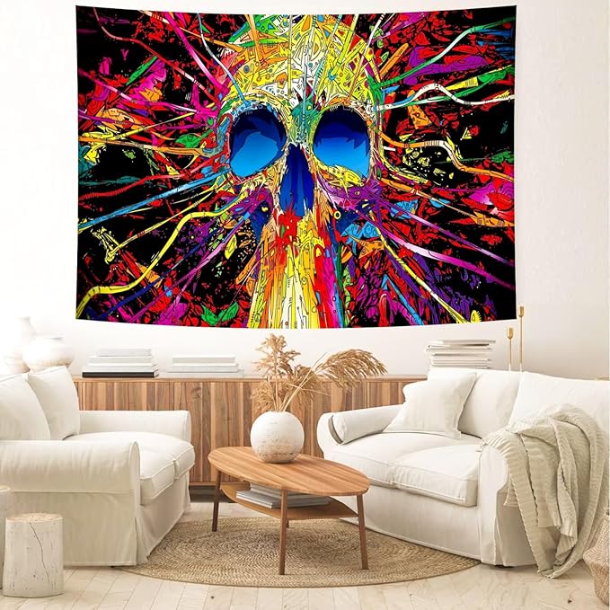 Delur Skull Tapestry Gothic Horror Colorful Skeleton Mystic Dark Tapestry Wall Hanging Trippy Vintage Aesthetic Witchy Psychedelic Headboard for Bedroom Living Room Home Decor (51.2" x 59.1")