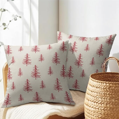 Christmas Tree Pillow Covers 22x22 Set of 2 Red Xmas Vintage Winter Print Decorative Outdoor Linen Zipper Throw Pillows Cases Cushion Cover Rustic Holiday Decoration Farmhouse Sofa Couch Bed Decor
