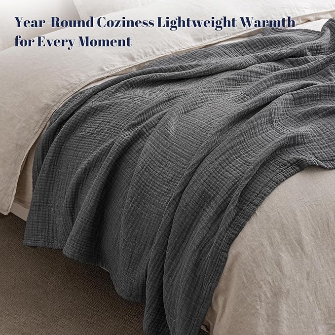 PHF 100% Cotton Muslin Blanket King Size 108"x90", 4-Layer Lightweight Gauze Throw, Breathable Cloud-Soft Minimalist Blanket for Bed, Couch, Camping & Baby, Greyish Black, Ideal Gift