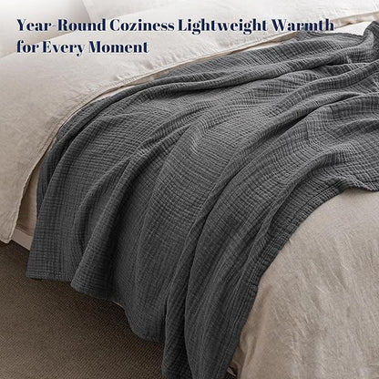 PHF 100% Cotton Muslin Blanket King Size 108"x90", 4-Layer Lightweight Gauze Throw, Breathable Cloud-Soft Minimalist Blanket for Bed, Couch, Camping & Baby, Greyish Black, Ideal Gift