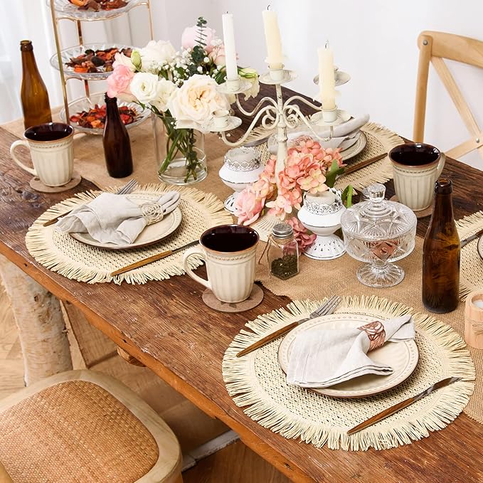 FunWheat Paper Round Placemats Set of 12 for Dining Tables 15 Inch Heat Resistant Table Mats Handmade Natural Place mats for Farmhouse Decoration(Beige)