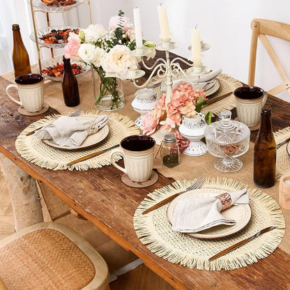 FunWheat Paper Round Placemats Set of 12 for Dining Tables 15 Inch Heat Resistant Table Mats Handmade Natural Place mats for Farmhouse Decoration(Beige)