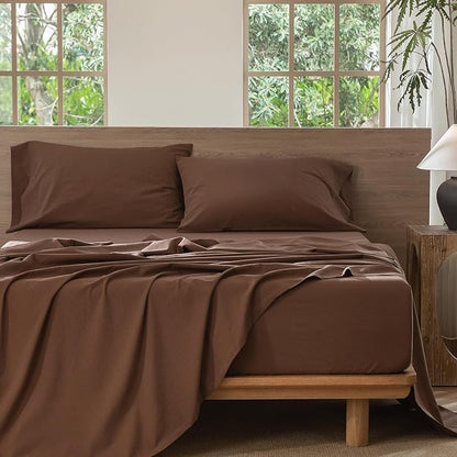 MooMee Bedding Sheet Set 100% Washed Cotton Linen Like Textured Breathable Durable Soft Comfy (Solid Cocoa Brown, Twin)