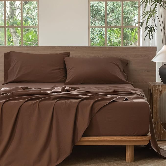 MooMee Bedding Sheet Set 100% Cotton Linen Like Textured Breathable Durable Soft Comfy (Solid Cocoa Brown, Queen)