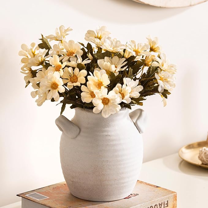 Ceramic Flower Vase Home Decor - Farmhouse Table Vases with Handle Living Room Decoration Vintage Decorative Aesthetic for Shelf Coffee Dining Desk House Bookshelf Fireplace (6" Rustic)