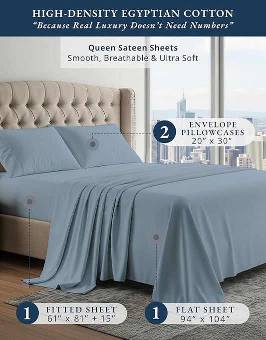100% Egyptian Cotton Queen Size Sheet Set - Naturally Breathable & Durable Winter Comfort, Ultra-Soft Hotel Luxury Comfort with 15" Deep Pocket Queen Sheets, Silky Sateen Weave - French Blue