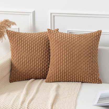 Kevin Textile Throw Pillow Covers Soft Corduroy Decorative Set of 2 Boho Striped Pillow Covers Pillowcases Farmhouse Home Decor for Couch Bed Sofa Living Room 16x16 Inch Khaki