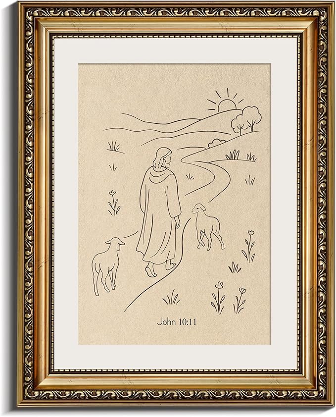 InSimSea Gold Framed Canvas Wall Art Room Decor Minimalist Christian Jesus and Lamb Artwork Prints Home Decor for Bedroom Living Room Church Office 14×11inch