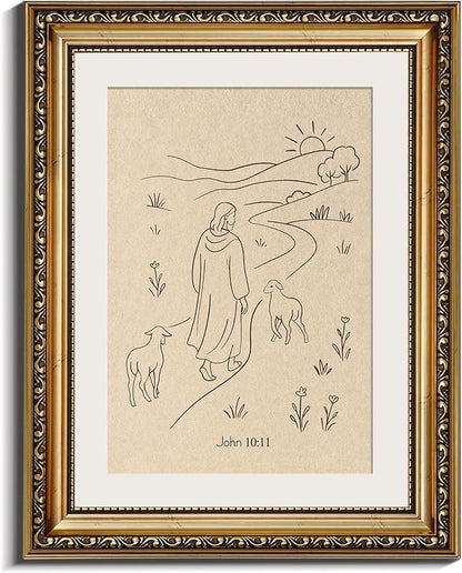 InSimSea Gold Framed Canvas Wall Art Room Decor Minimalist Christian Jesus and Lamb Artwork Prints Home Decor for Bedroom Living Room Church Office 14×11inch