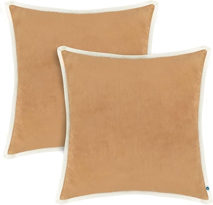 FINGERCRAFT Decorative Throw Pillow Cover Pack of 2 Soft Velvet Cushion Cover, Sofa and Bedroom Pillow Case 22" x 22" Beige