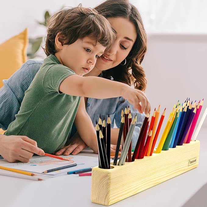 11-Hole Wooden Colored Pencil Organizer - Solid Montessori Storage Holder for Kids, Students, Artists & Teachers