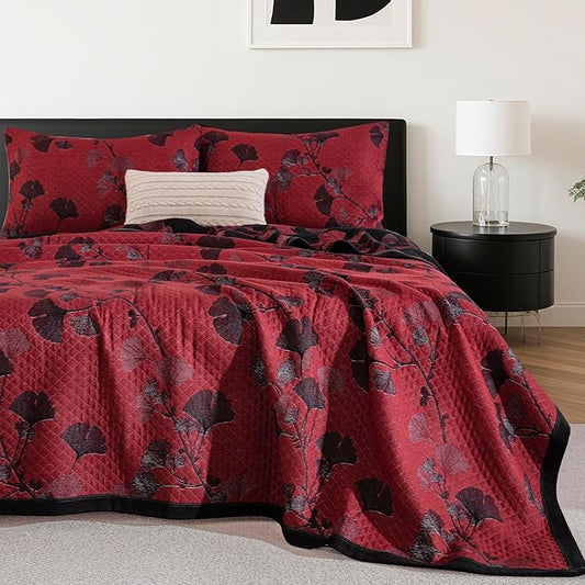 100% Cotton Muslin Jacquard 3 Piece Quilt Set Floral Ginkgo Leaf Print, Soft 3 Layers Gauze Bed Cover Reversible Bedspread Coverlet Breathable Lightweight Bedding Set, King
