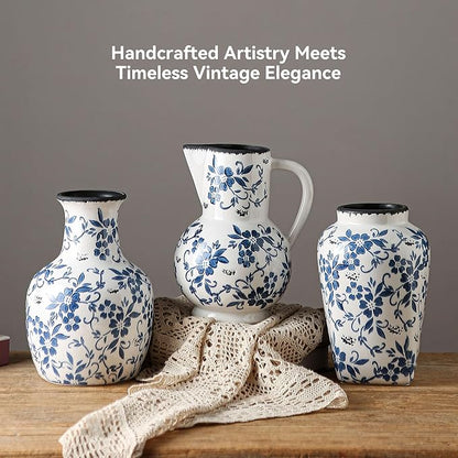 Blue and White Vintage Vase with Handle, Ceramic Chinoiserie Floral Pitcher Vase, Blue Large Vases for Home Decor Living Room, Rustic Table Centerpiece Grand Millennial and Tuscan Decor 8.7 Inch