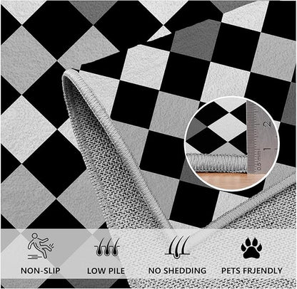 Black and White Rug 5x8, Rhombus Geometric Soft Ultra Soft Faux Wool Low Pile Rug, Indoor Floor Mats Carpet, Non-Slip Stain Resistant Washable Rugs, Modern Abstract Checkered Rugs for Living Room