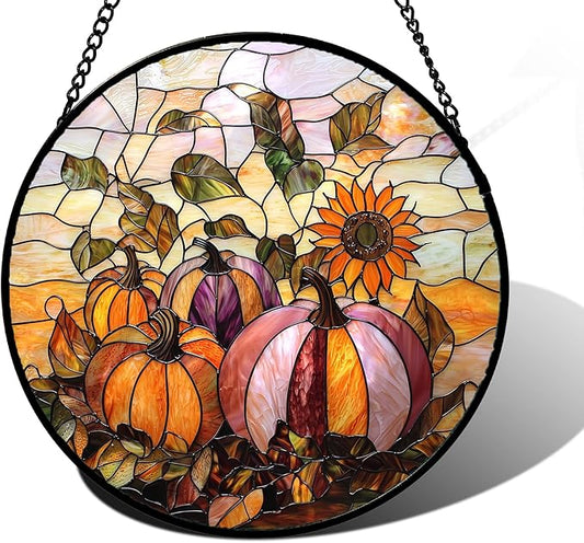 DASTOLL Stained Glass Window Hanging, Pumpkin Sunflower Suncatcher Diamond Glass Panel Sun Catchers Decor for Birthday for Women, Men, Wife, Aunt, and Mom 11.8x11.8 in