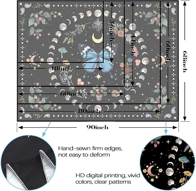 Aipon Blue Butterfly Moon Flower Tapestry Botanical Boho Plant Floral Tapestry for Bedroom Aesthetic Hippie Vintage Tapestries Wall Hanging for Living Room Dorm (68.00" x 90.00", Blue)